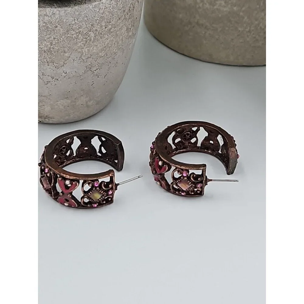 Vintage Copper Hoop‎ Earrings Enamel Sparkle Post Back 1
